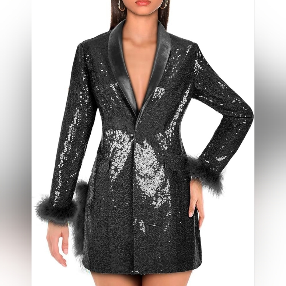 Women Sequin Jacket Long Sleeved Slim Blazer